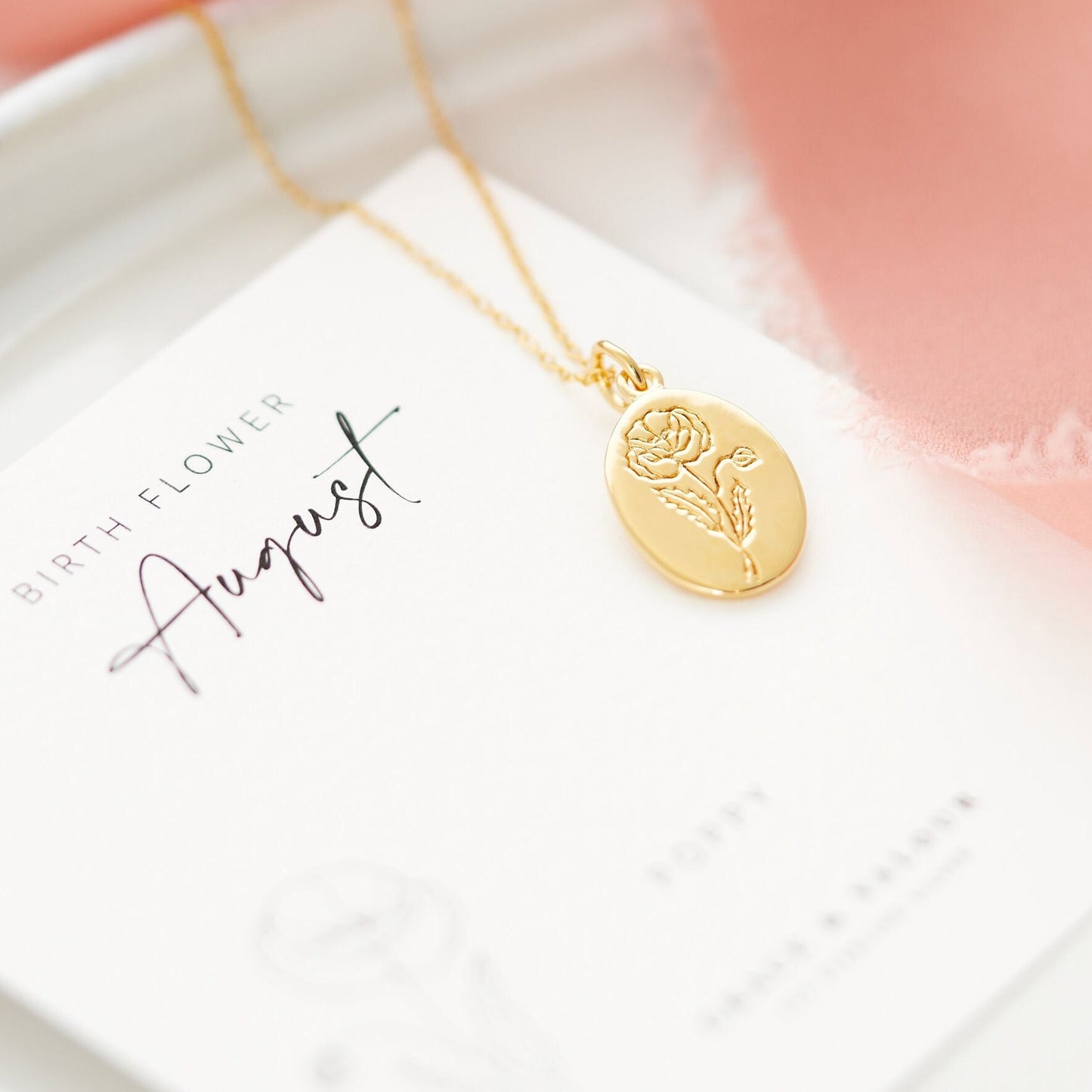 Poppy Birth flower for August, gold necklace polished and beautiful, gift for wife, gift for wedding, gift for bridesmaids, August birthday gift silver 925, gold plated oval floral necklace, gift for mothers day, gift for her.