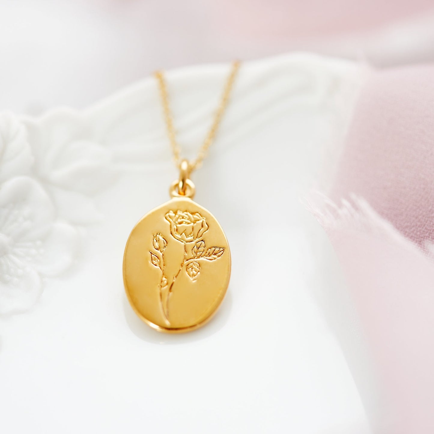 June Birthflower rose gold engraved necklace on bespoke gift card, june birthday gift, sterling silver 925, gift for her, gift for friend, bridesmaids gift, gift for mum, wedding gift, thoughtful gift, can be personalised with an engraving on the back of the pendant, gift boxed and ready for gifting