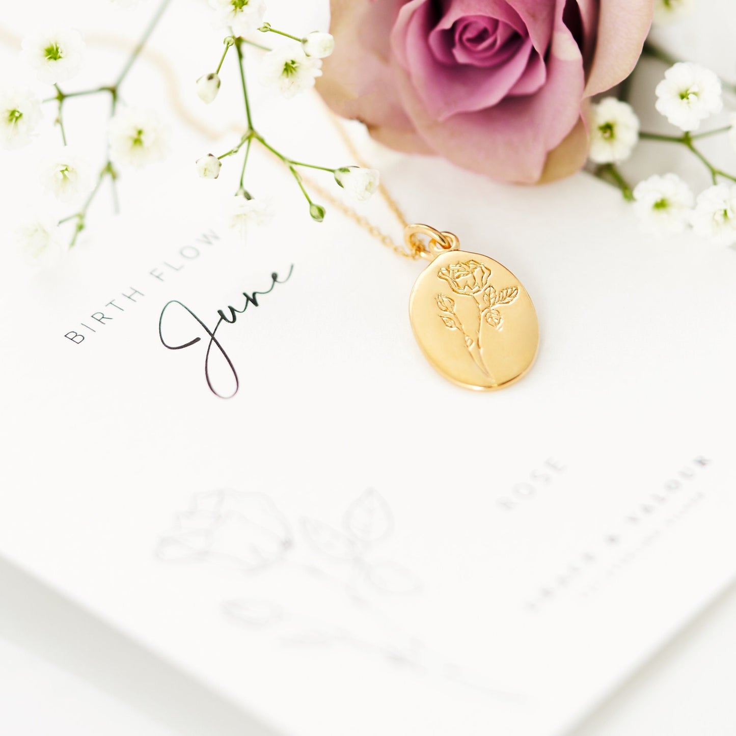 June Birthflower rose gold engraved necklace on bespoke gift card, june birthday gift, sterling silver 925, gift for her, gift for friend, bridesmaids gift, gift for mum, wedding gift, thoughtful gift, can be personalised with an engraving on the back of the pendant, gift boxed and ready for gifting