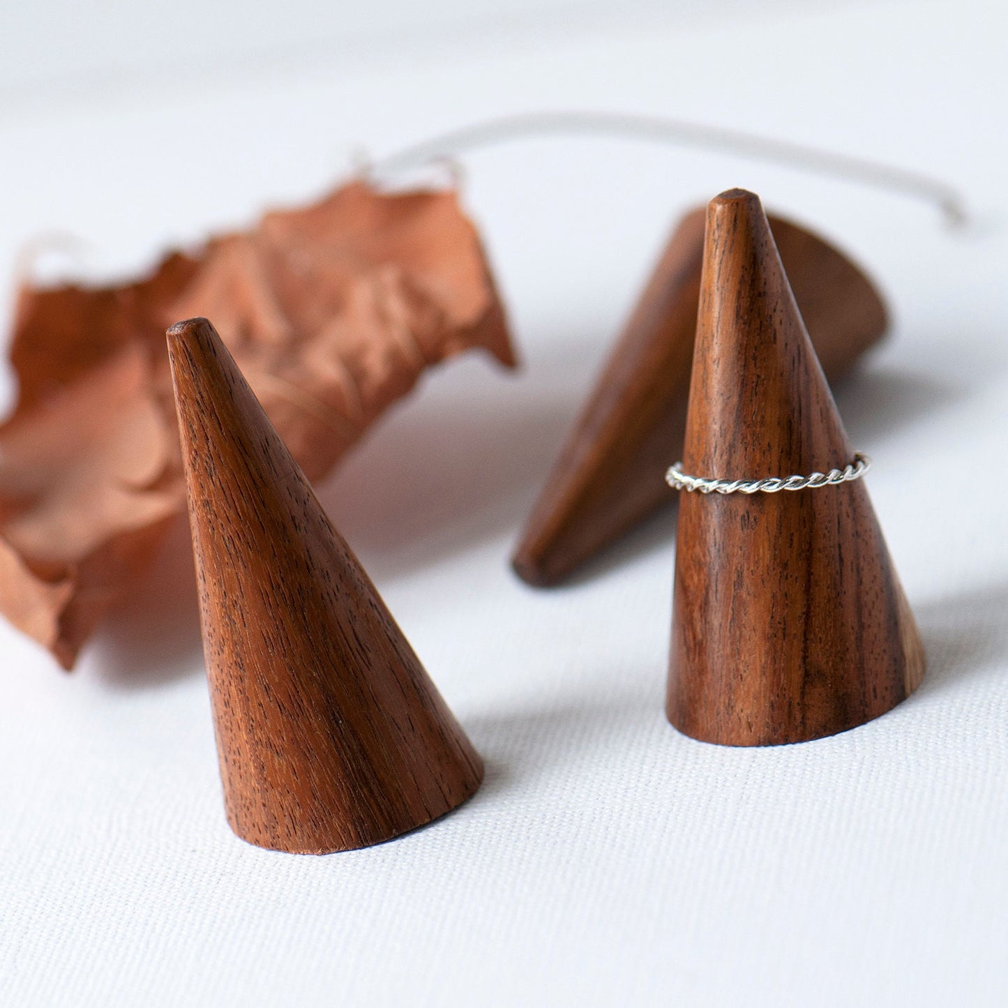 Rose wood natural ring cones or ring holders, keep them on your dressing table or near the sink to keep your favourite rings safe. Made from real wood by Grace & Valour