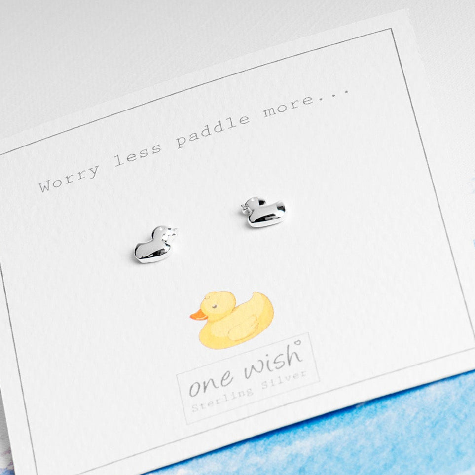 Rubber duck sterling silver 925 stud earrings on bespoke duck giftcard which says 'Worry less, paddle more' Gift of encouragement, gift for her, gift for daughter, gift for luck for exams, pmh gift for her