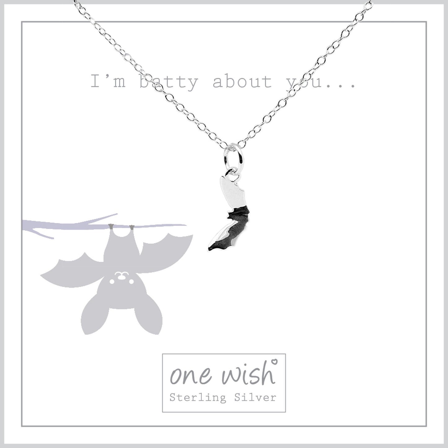 Silver bat necklace on bespoke 'Batty about you' giftcard designed by Rachel from Grace and Valour. Silver 925 polished and sparkling, the perfect gift for anyone that you are batty about... Gift for girlfriend, gift for valentines, gift for friend