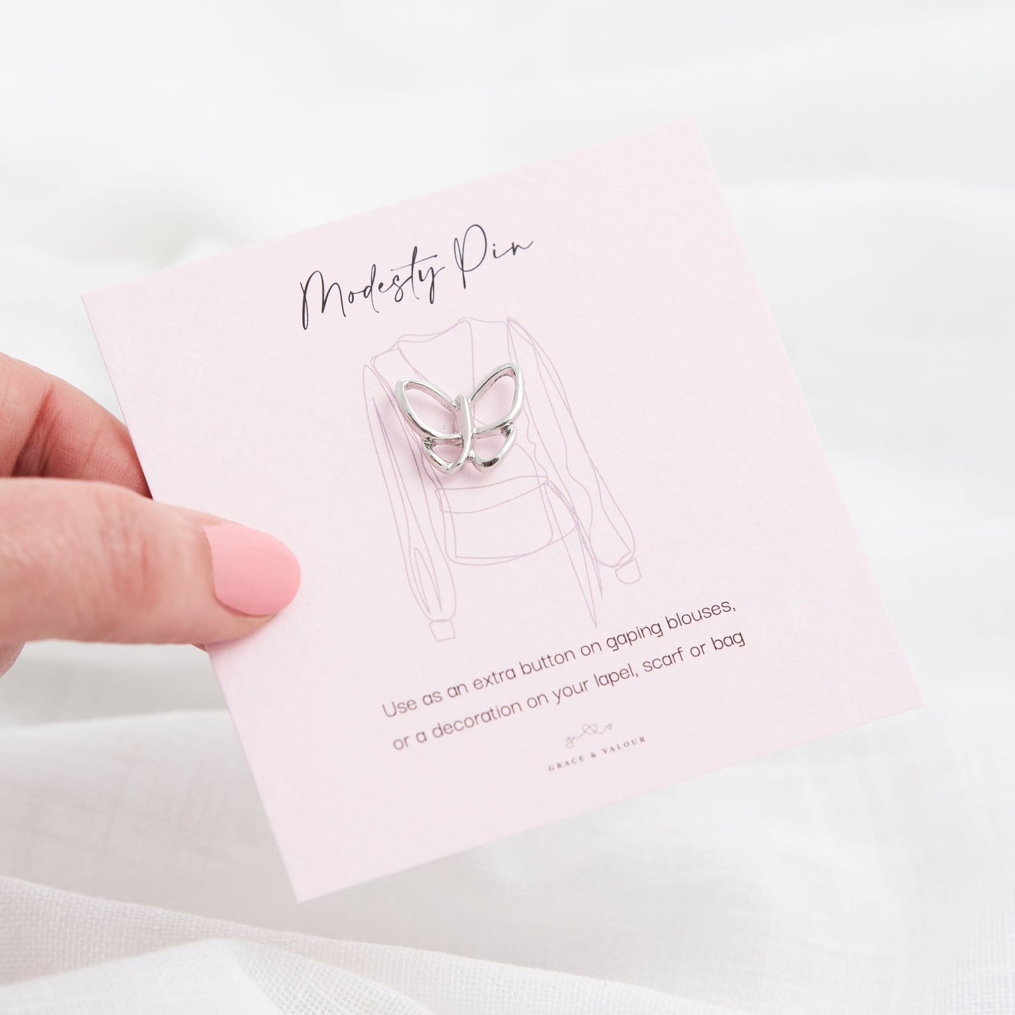 Silver butterfly modesty or extra button pin on bespoke gift card - Grace & Valour. Gift for mum, gift for bridesmaids, gift for her
