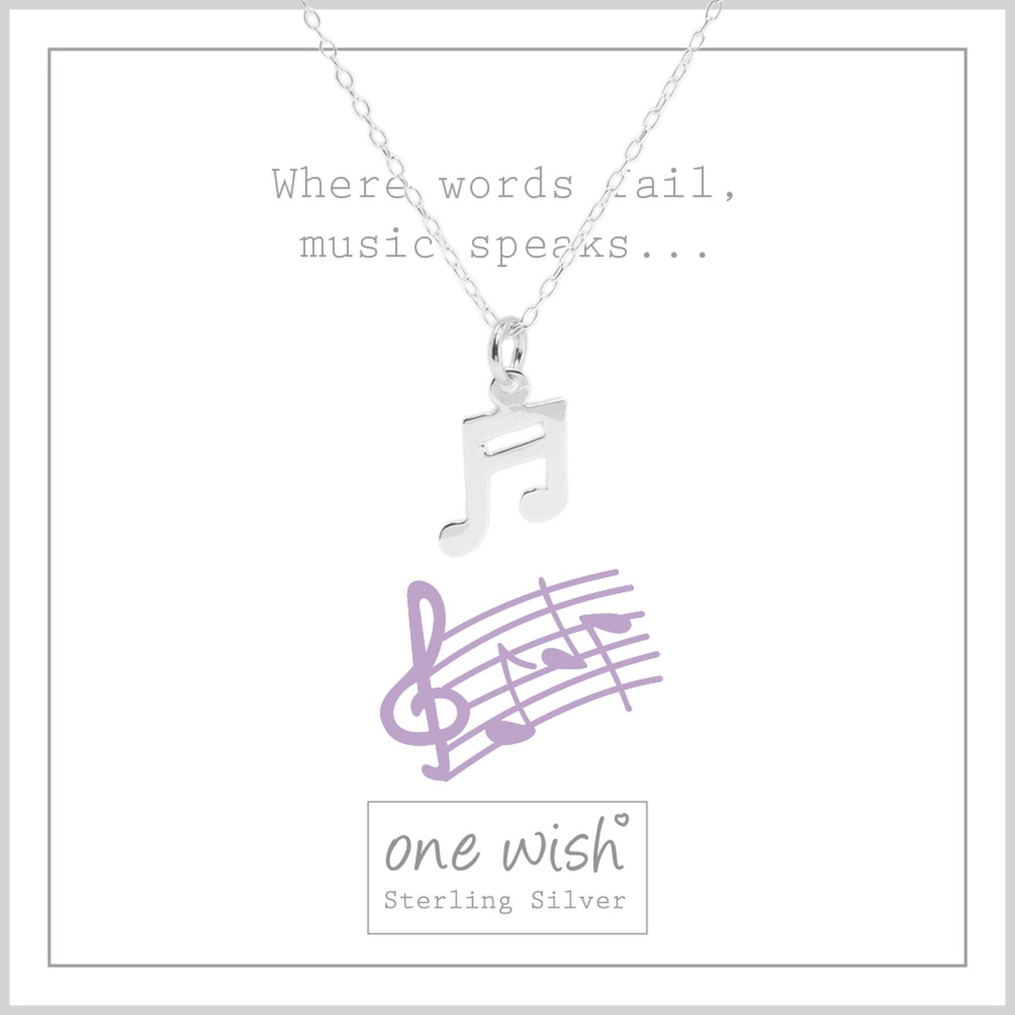 Silver music note pendant, on bespoke gift card that says 'Where words fail, music speaks...' Lovely gift for music lover, music teacher or singer, giftboxed and ready for gifting from Grace & Valour