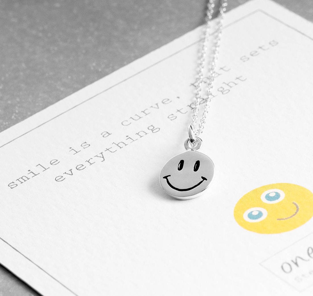 Smiley face emoji sterling silver necklace on my bespoke gift card that says - A smile is a curve that sets everything straight' gift for friend, gift for bestie, gift for daughter, silver 925, cute gift, designed by Rachel Grace & Valour