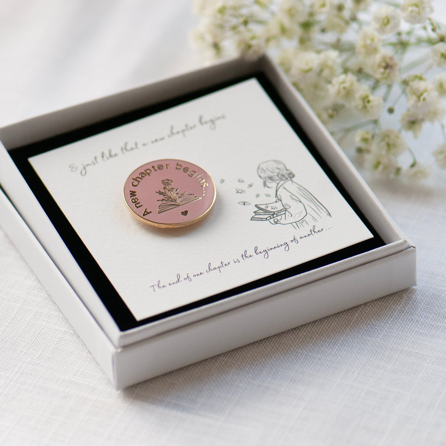 New chapter begins smoke rose and gold enamel lapel pin in my elegant white gift box, gifts under £10, new baby gift, new job gift, moving home gift, gift for her