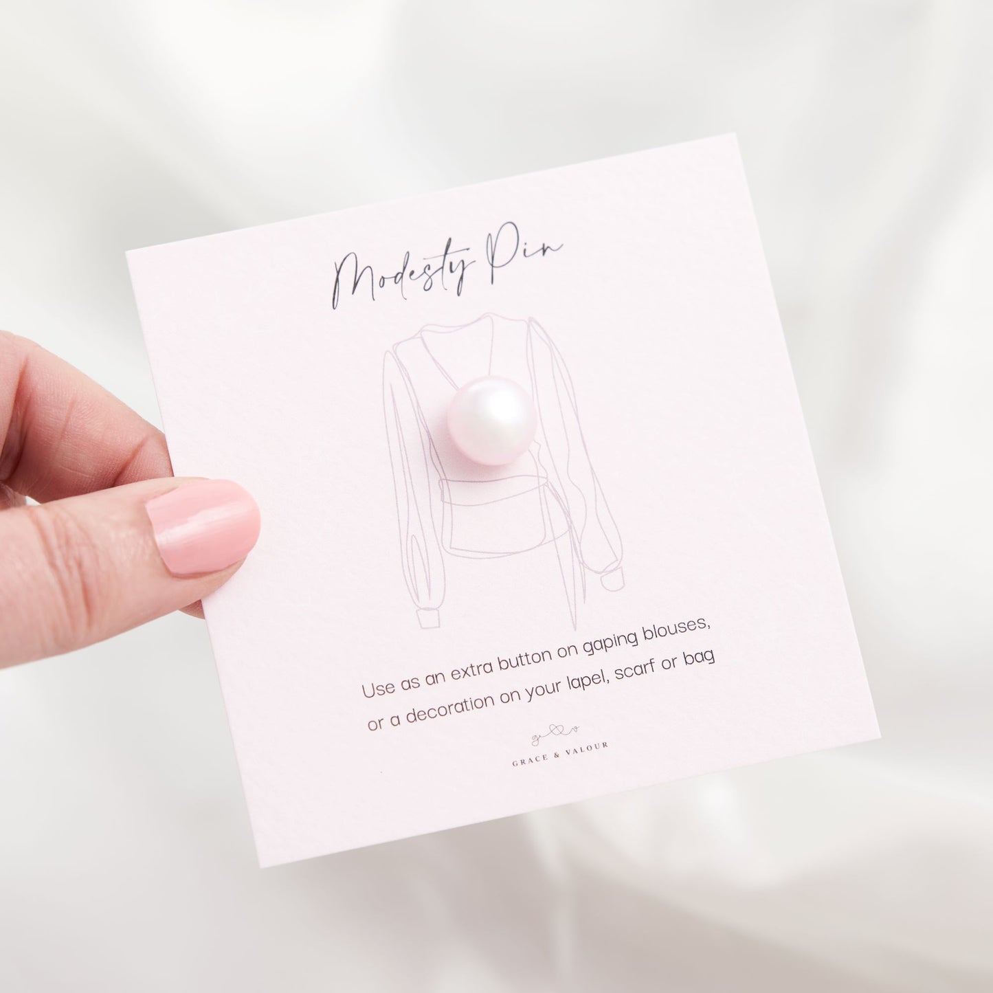 Rose pink faux pearl modesty pin or extra button pin, gift under £10, gift for her