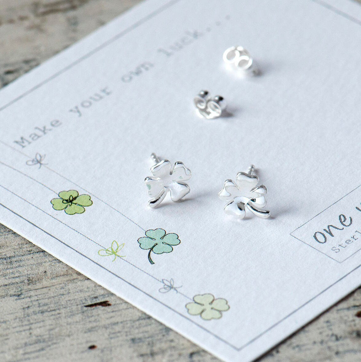 Sterling silver clover stud earrings from the one wish collection, cute stud earrings