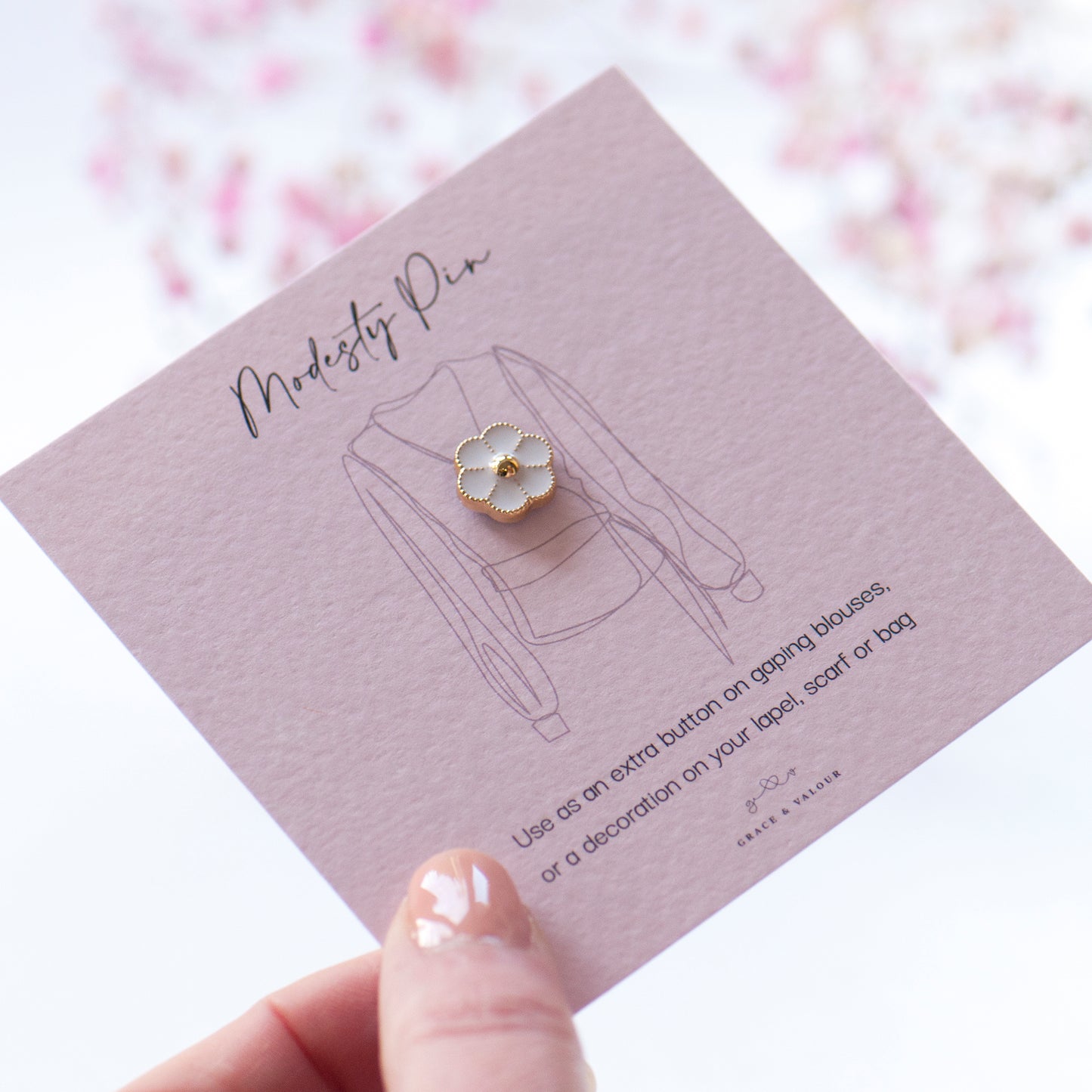 Tiny white enamel flower modesty pin on my bespoke modesty pin gift card ready for gifting, gifts under £10, gift for friend, low top pin