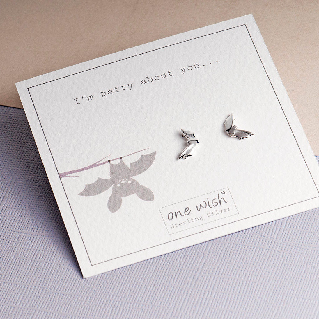 Uber cute little Flying bats stud earrings made from Sterling Silver beautifully packaged on our bespoke One Wish gift card which reads 'I'm batty about you' gift for halloween, gift for girlfriend, gift for wife