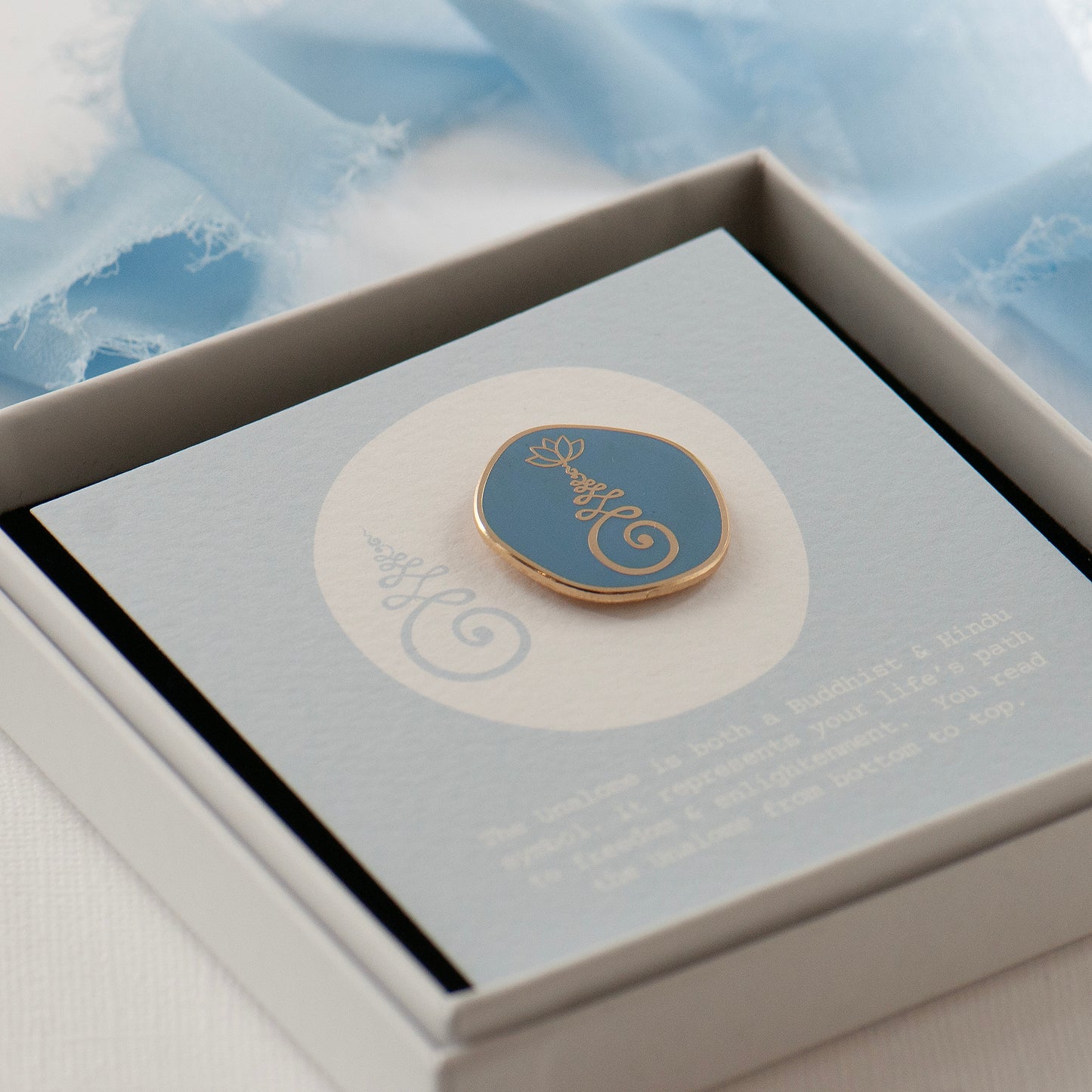 Unalome symbol enamel pin in smoke rose or cornflower blue. Giftboxed ready for gifting. Spiritual pin gift, for yoga lovers, meditation gift, gift for friend, gift for bestie, lapel pin unalome
