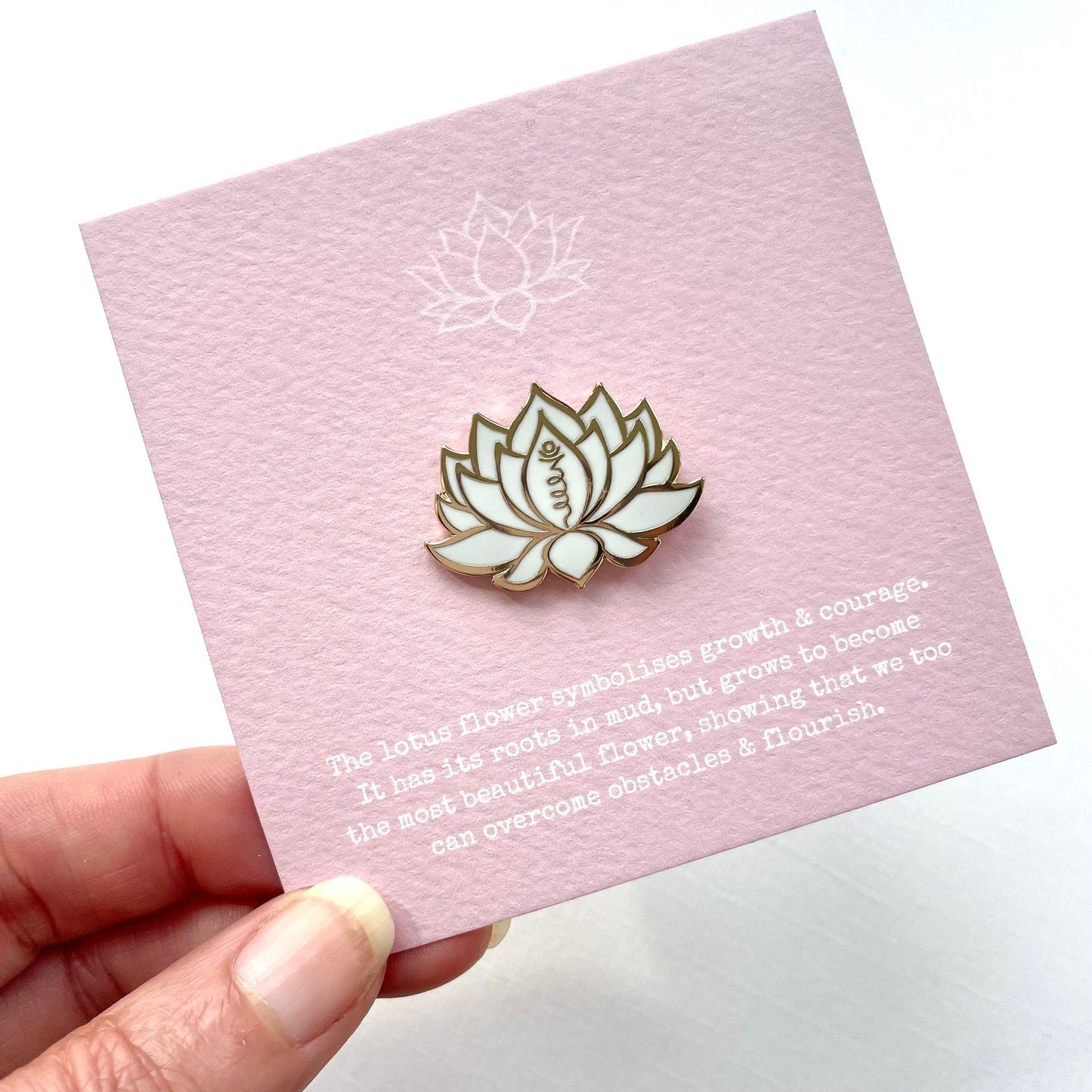 White & gold lotus flower pin on my bespoke lotus flower gift card, designed by Rachel - Grace & Valour, gifts under £10, gift for her, flower gift, yoga gift.