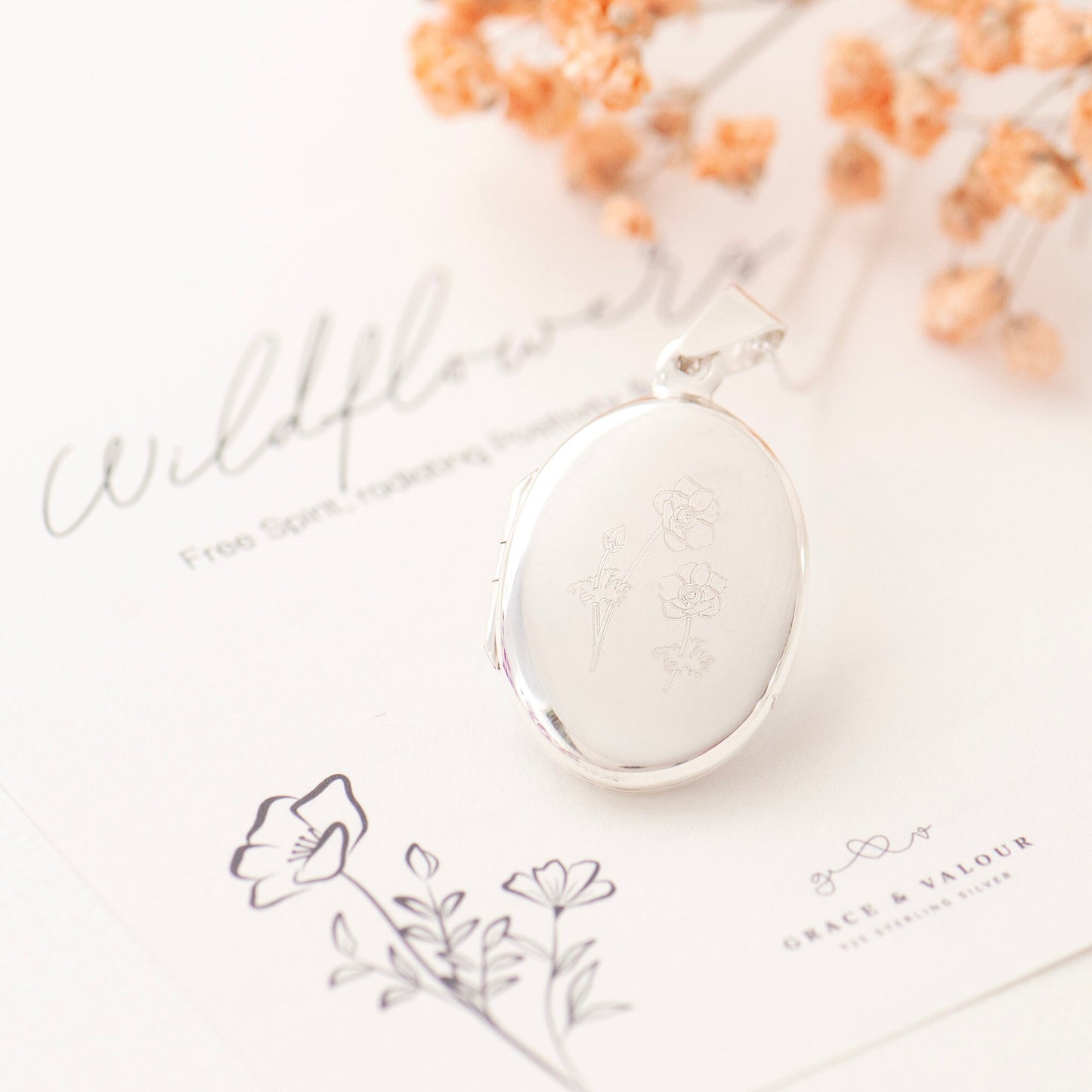 Wildflowers Engraved Sterling Silver locket by Grace & Valour, two picture locket, gift for girlfriend, gift for nature lover, gardener gift, sweet flower gift