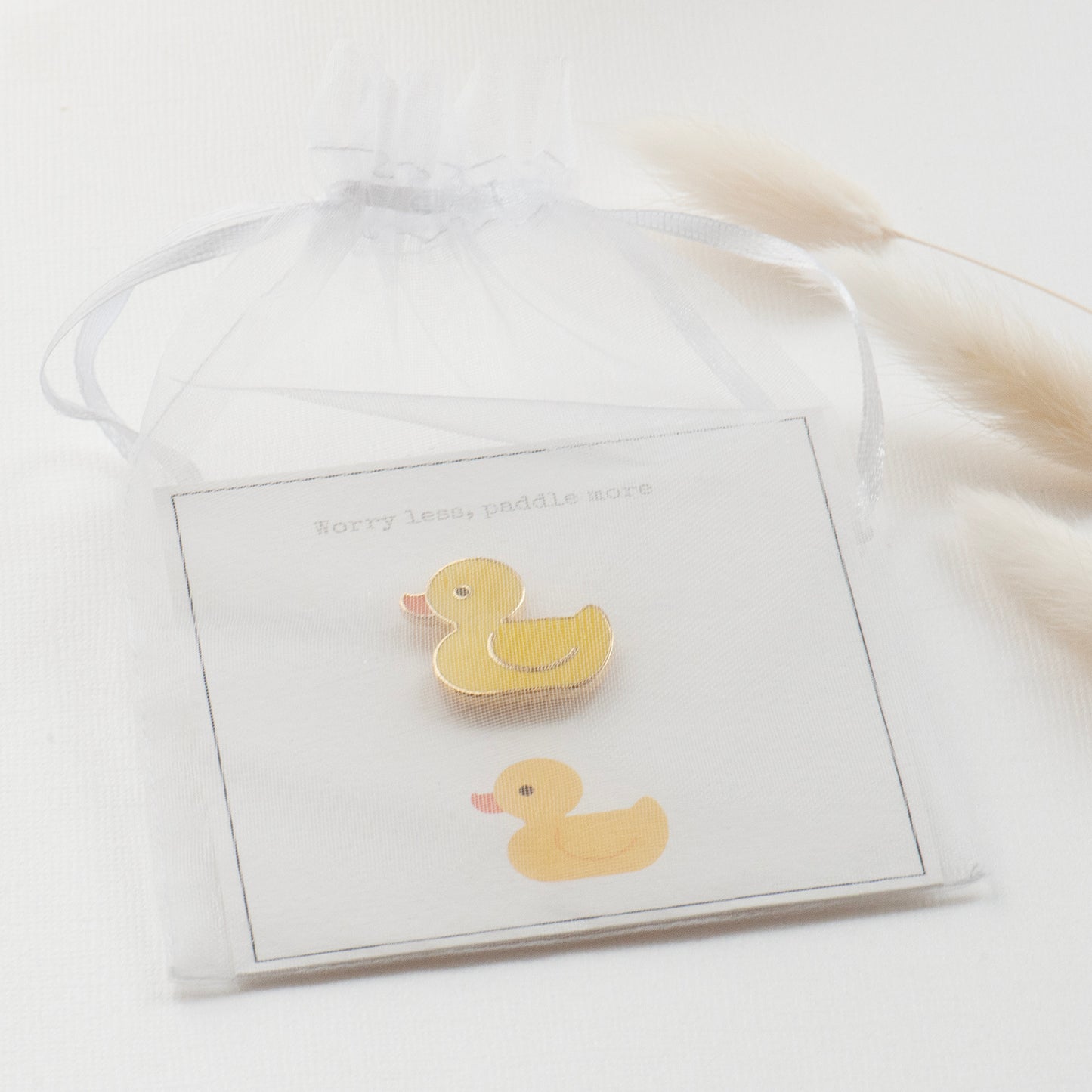 Yellow rubber duck, worry less, paddle more gift card in chiffon pouch ready for gifting