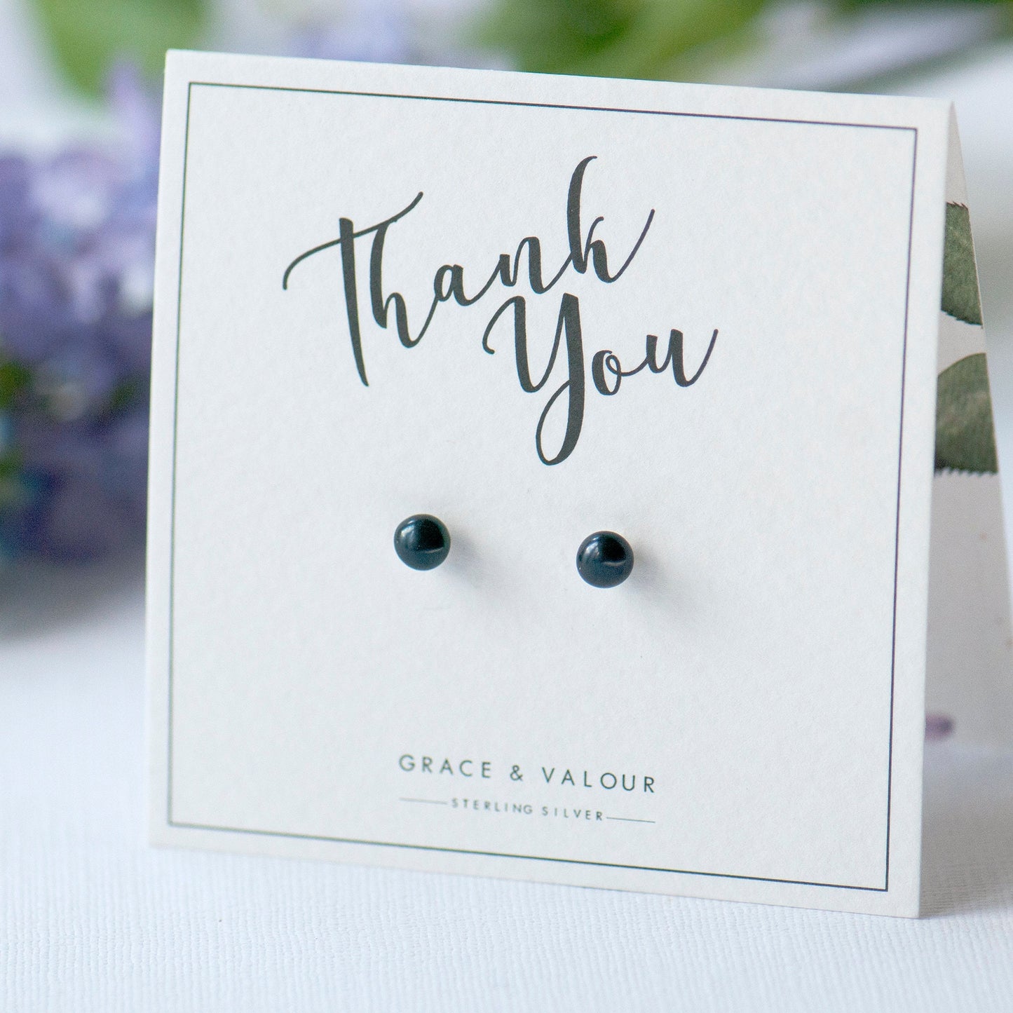 black pearl and sterling silver stud earrings on bespoke gift card - Grace & Valour, gift for friend, gift for birthday, gift for her, freshwater pearl stud earrings