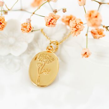 chrysanthemum birth flower for november engraved gold oval necklace, designed by Rachel for grace and valour - gifts under £50, wedding gifts, birthday gifts, thoughtful gifts