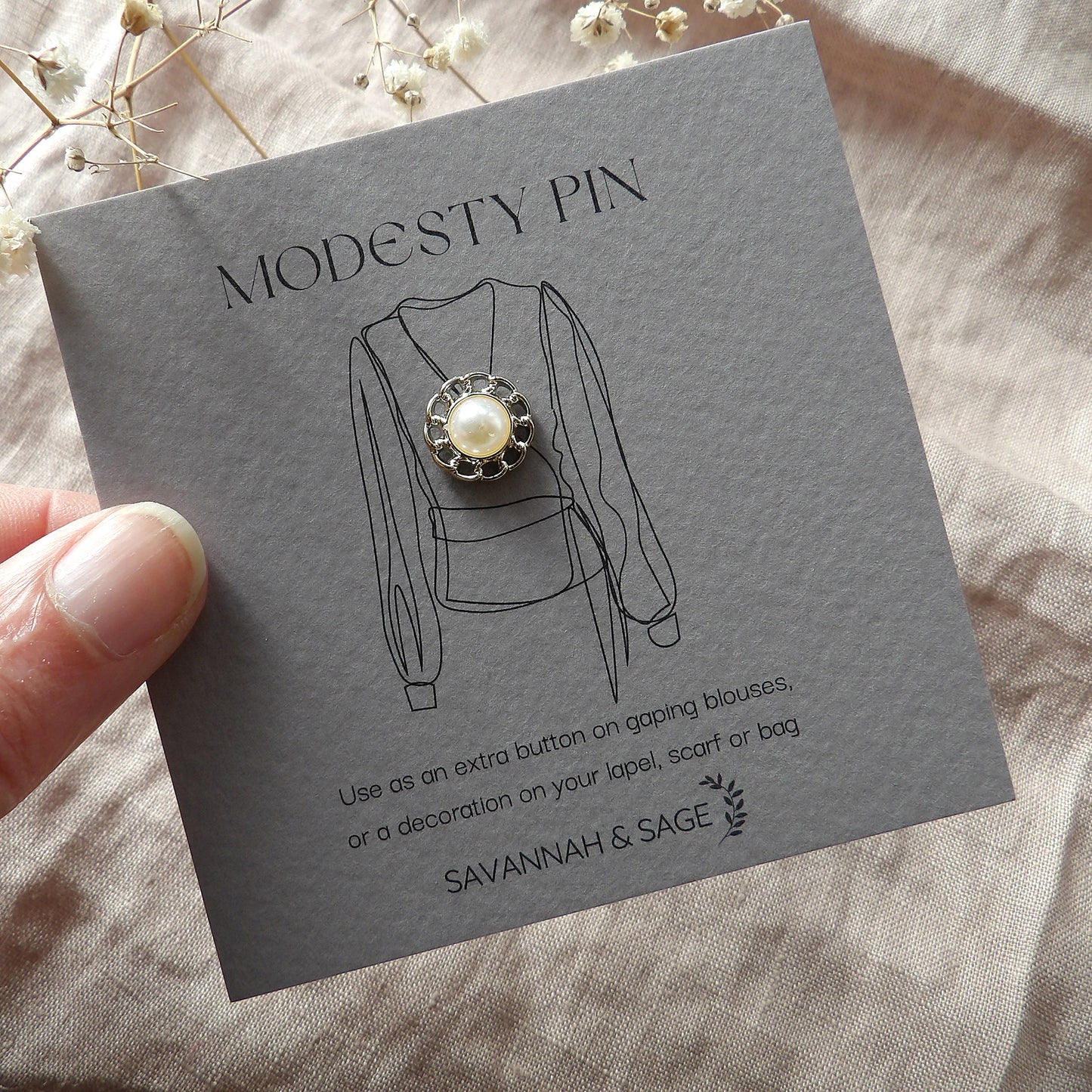 flower pearl modesty pin on gift card - Grace & Valour