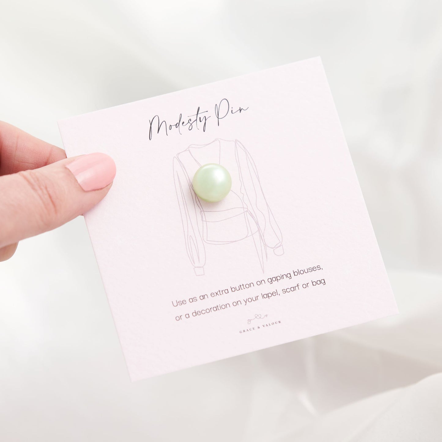 Green Pearl modesty pin on bespoke gift card. Green Pearl modesty pin, faux pearl pin, extra button pin for low cut top. Gifts under £10, gift for her, gift for friend,
