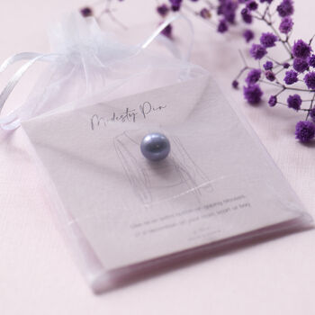 lilac modesty pin Grace and Valour on our bespoke gift card in a pretty white chiffon pouch, ready for gifting