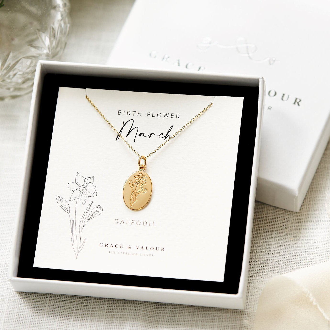Gift boxed, ready for gifting, March birthflower, beautiful cheerful daffodil gold necklace, made from sterling silver and gold plated to one micron. Great gift for a march birthday girl, gift for mum, gift for mothers day, gift for her