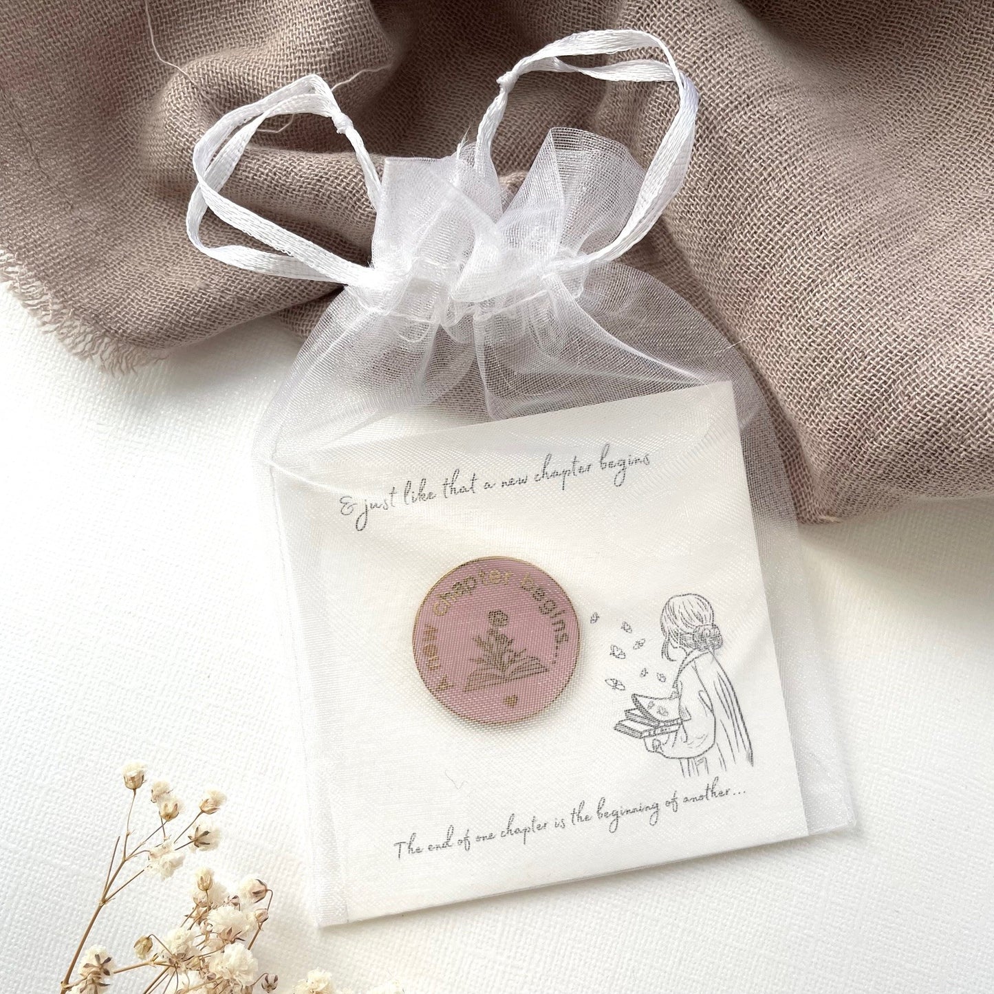 new chapter smoke rose and gold pin on bespoke card and presented in my sweet chiffon pouch ready for gifting