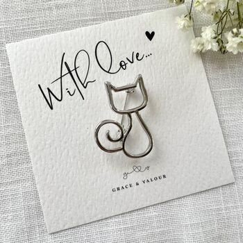 Cat with curly tail outline brooch on bespoke gift card 'With so much love'