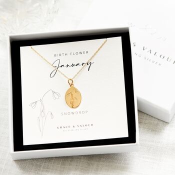 January Snowdrop sterling silver gold plated necklace gift boxed ready for gifting, can be engraved with your personal message on the back. Its a thoughtful gift for your mum, sister, friend, bridesmaids, january birthday gift sterling silver and gold plated