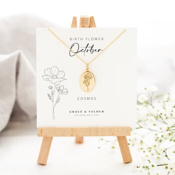 October birth flower, the cosmos, engraved in sterling silver and gold plated, on a 16-17.5 inch matching cable chain and presented on my bespoke October birth flower gift card. Designed by Rachel for Grace & Valour