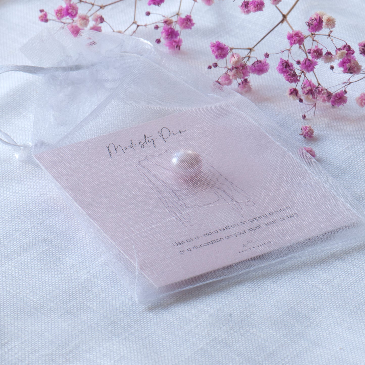 pink faux pearl modesty pin on gift card and packaged in our sweet little chiffon pouches ready for gifting