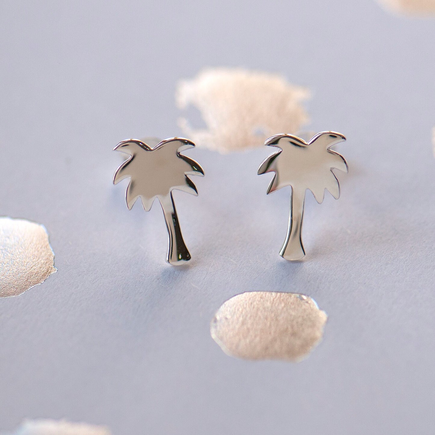 Palm tree stud earrings sterling silver 925 on bespoke palm tree gift card, perfect for summer, beach holidays or to remind you of summer fun. gift for her, gift for traveller, gift for bestie