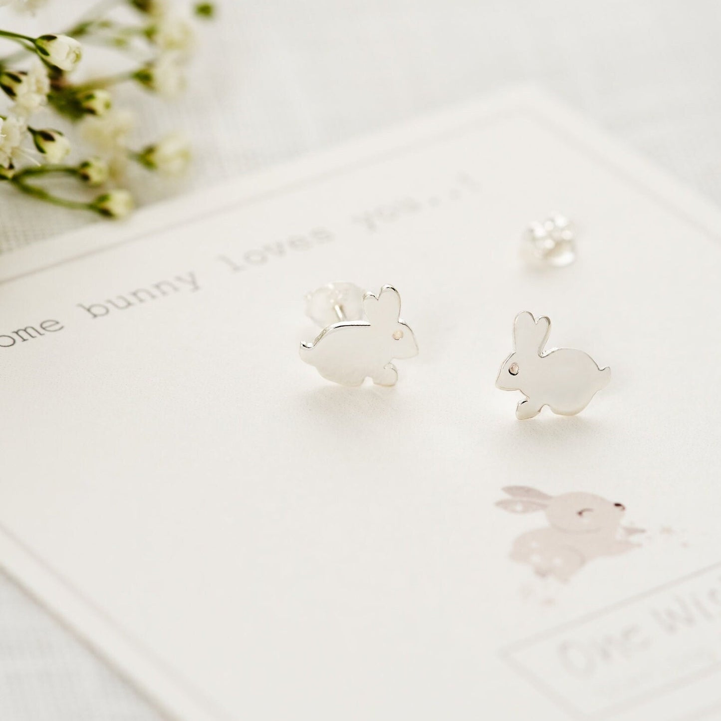 Sterling silver bunny rabbit stud earrings on bespoke gift card that reads 'Some bunny loves you' the perfect gift for a girlfriend, gift for wife, animal lovers gift