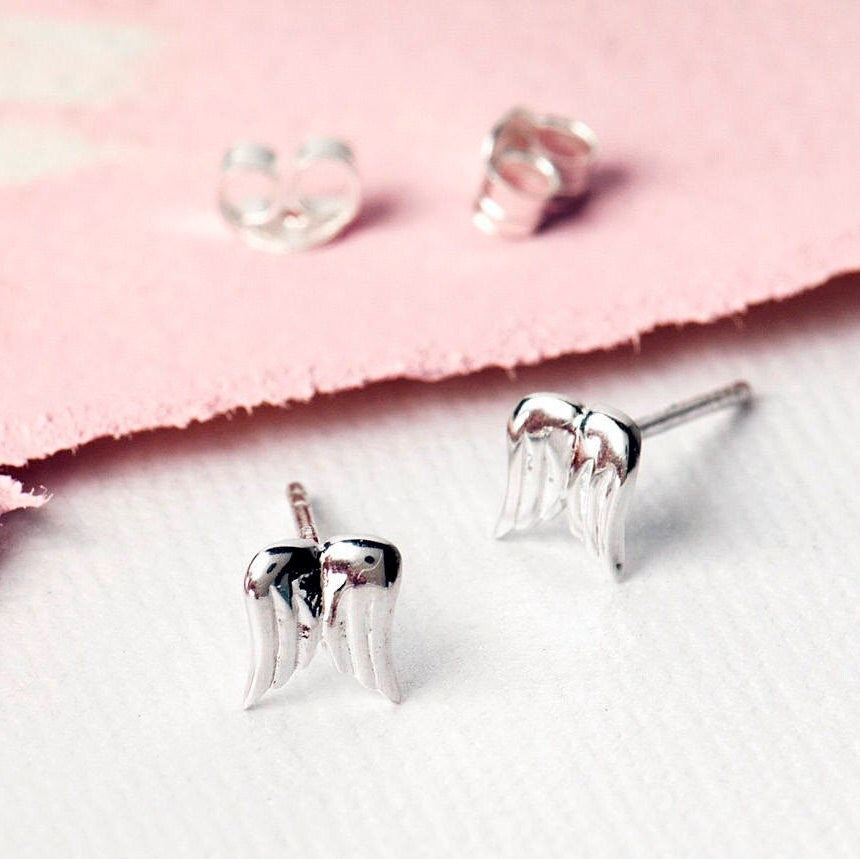 Sterling silver angel wing stud earrings, guardian angel studs, gift for daughter, gift for friend