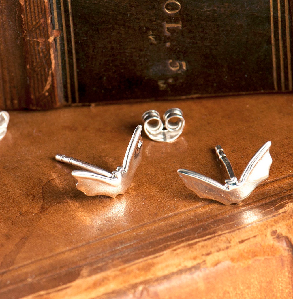 Uber cute little Flying bats stud earrings made from Sterling Silver beautifully packaged on our bespoke One Wish gift card which reads 'I'm batty about you'