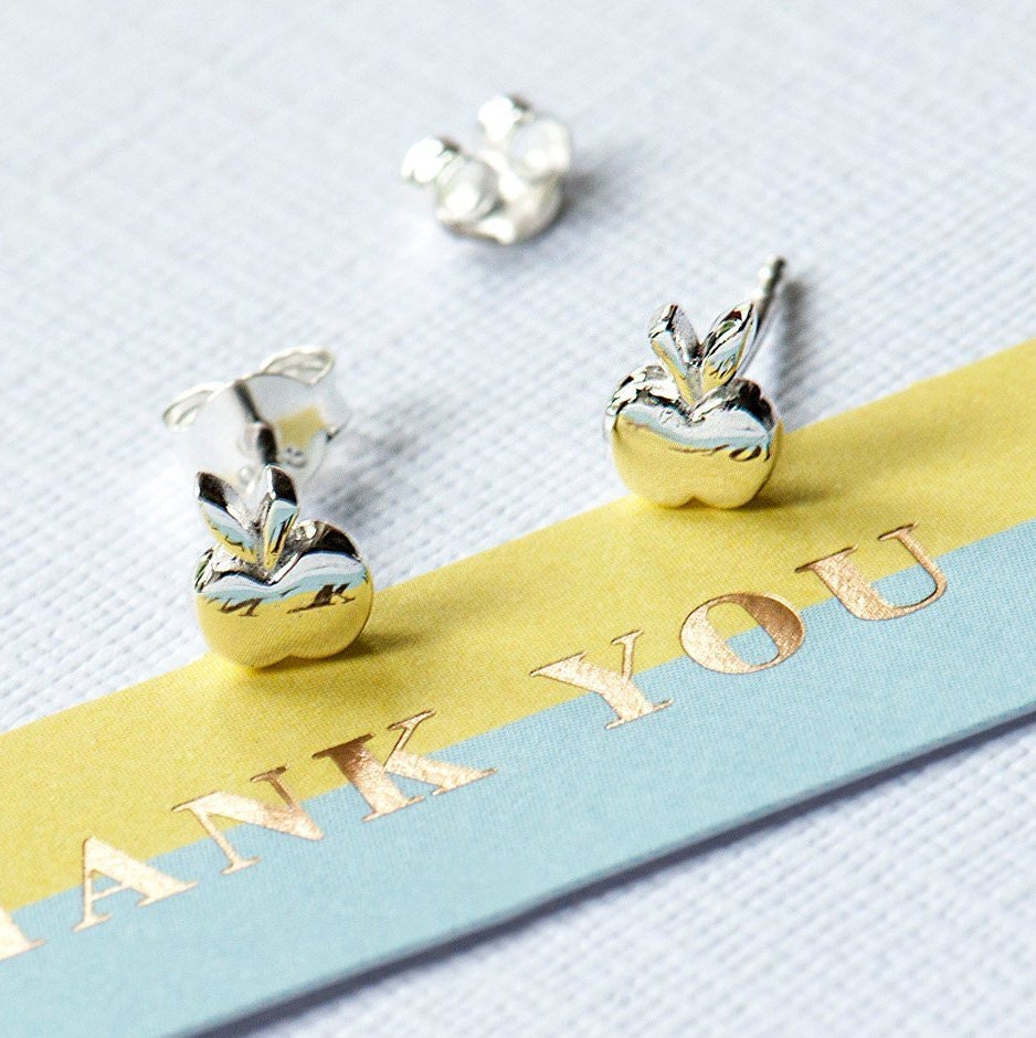 cute little apple sterling silver stud earring, fruit earrings, fruit stud silver 925 earrings, apple gift for her, apple gift for teacher, apple quote stud earrings