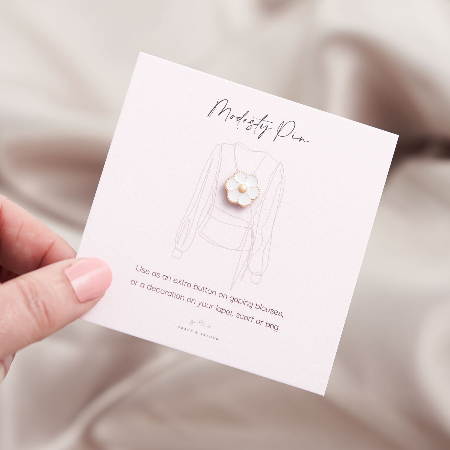 white flower small enamel pin on modesty pin gift card ready for gifting, gifts under £10, gift for her
