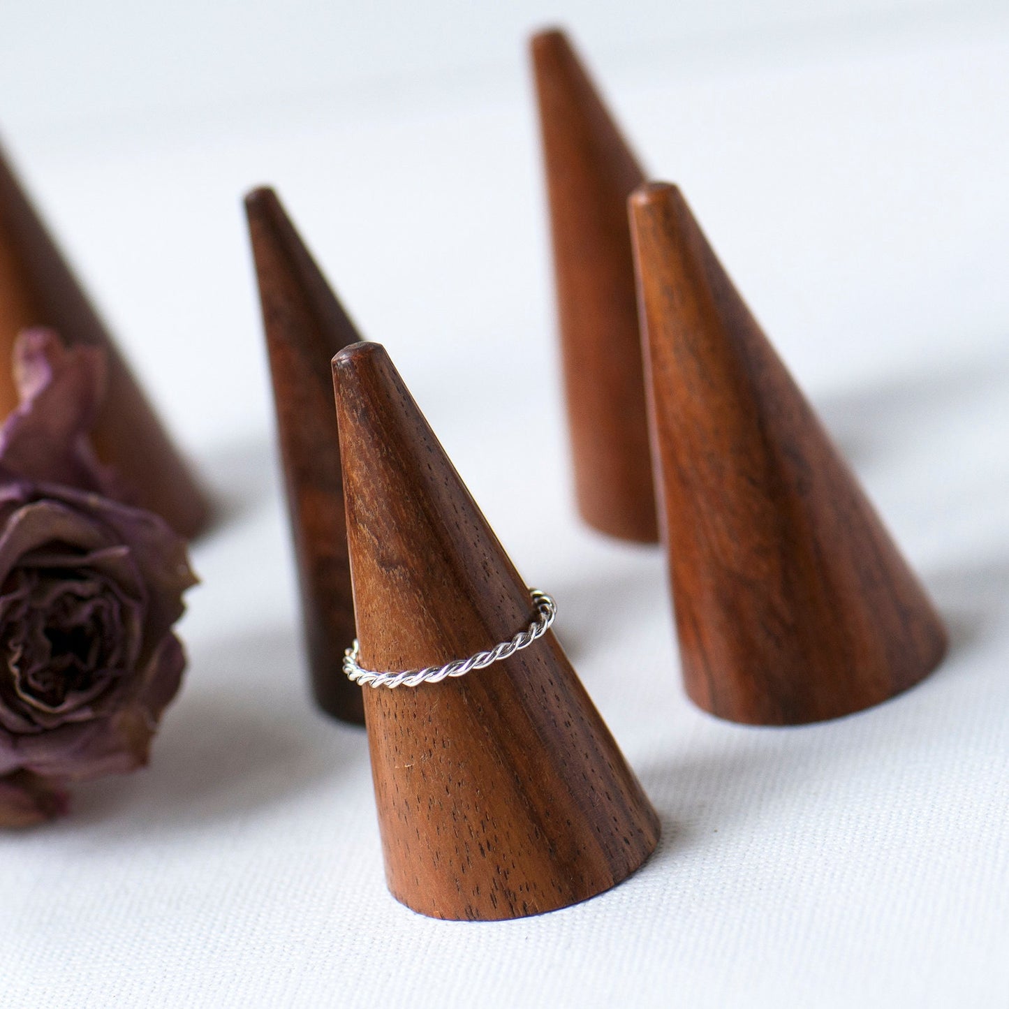 Wood grain dark Rosewood natural ring cones or ring holders, made from real wood with lots of detailing in the wood, lovely ring keeper for special rings, gift for her, engagement gift