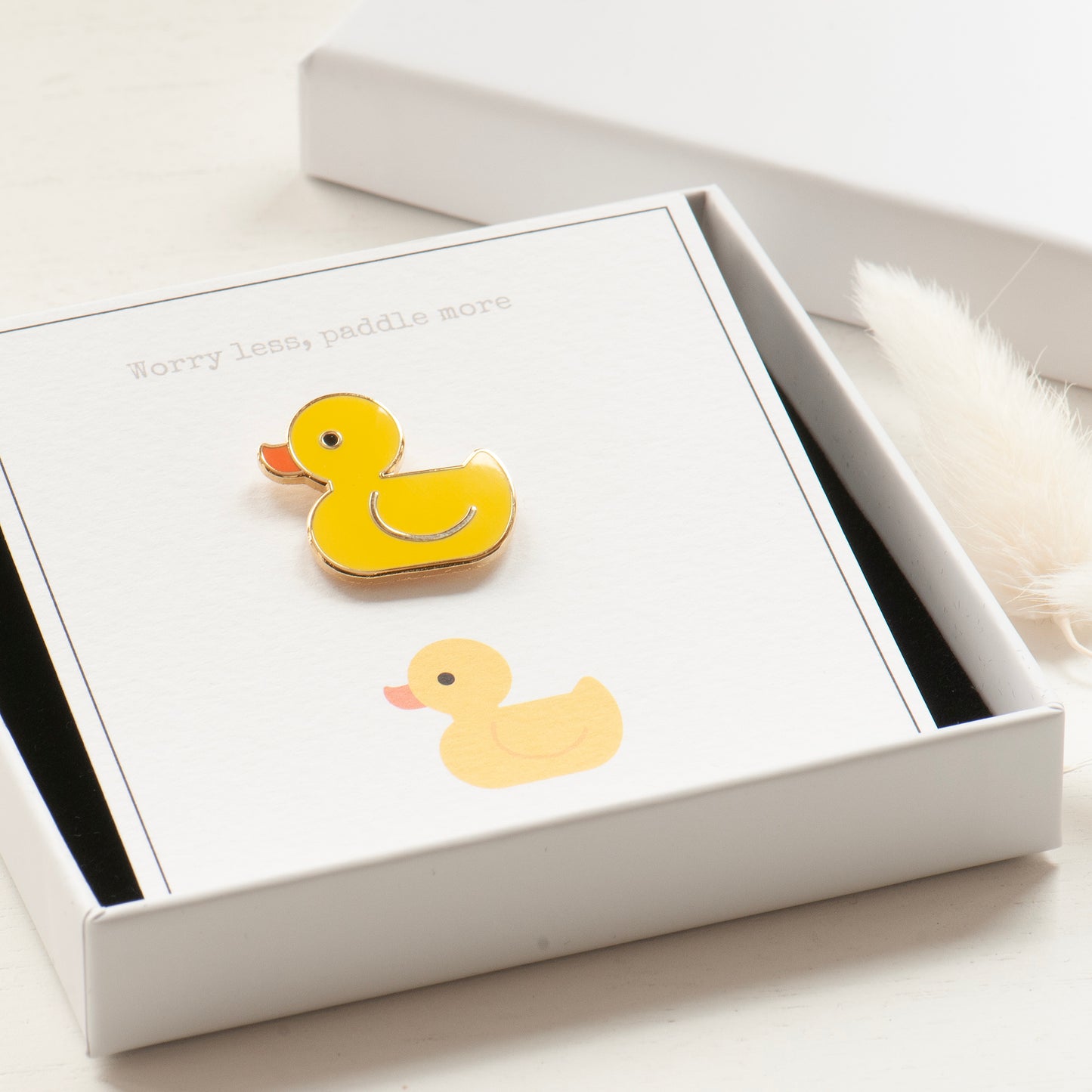 worry less, paddle more giftcard with cute duck enamel pin, in gift box ready for gifting,