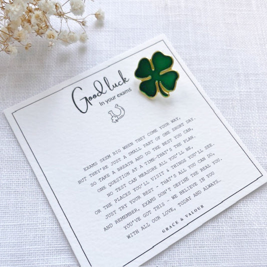 Luck Clover pin good luck exam gift with bespoke poem