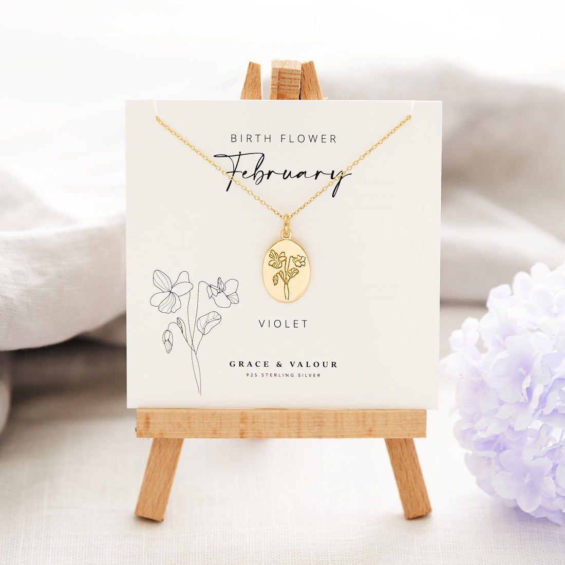 February violet birth flower pendant, gold oval engraved violet birth flower pendant