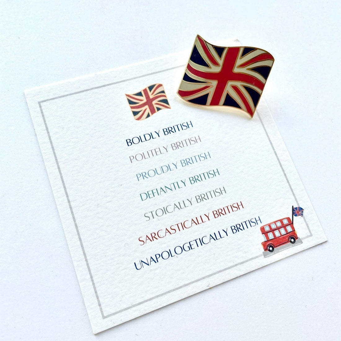 Union Jack Enamel Pin Badge on bespoke Boldly British Gift Card