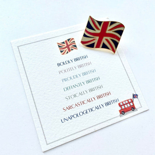 Union Jack Enamel Pin Badge on bespoke Boldly British Gift Card