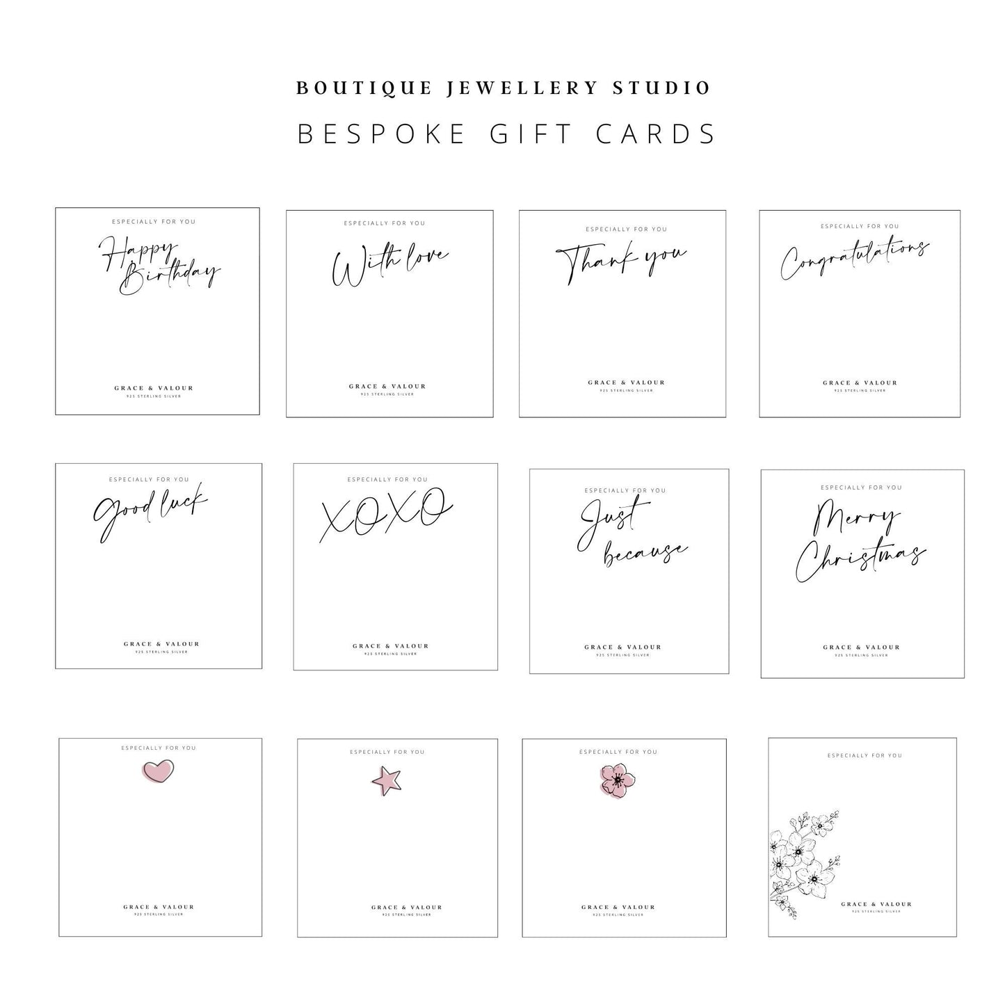 12 bespoke grace and valour gift cards to choose from for your necklace