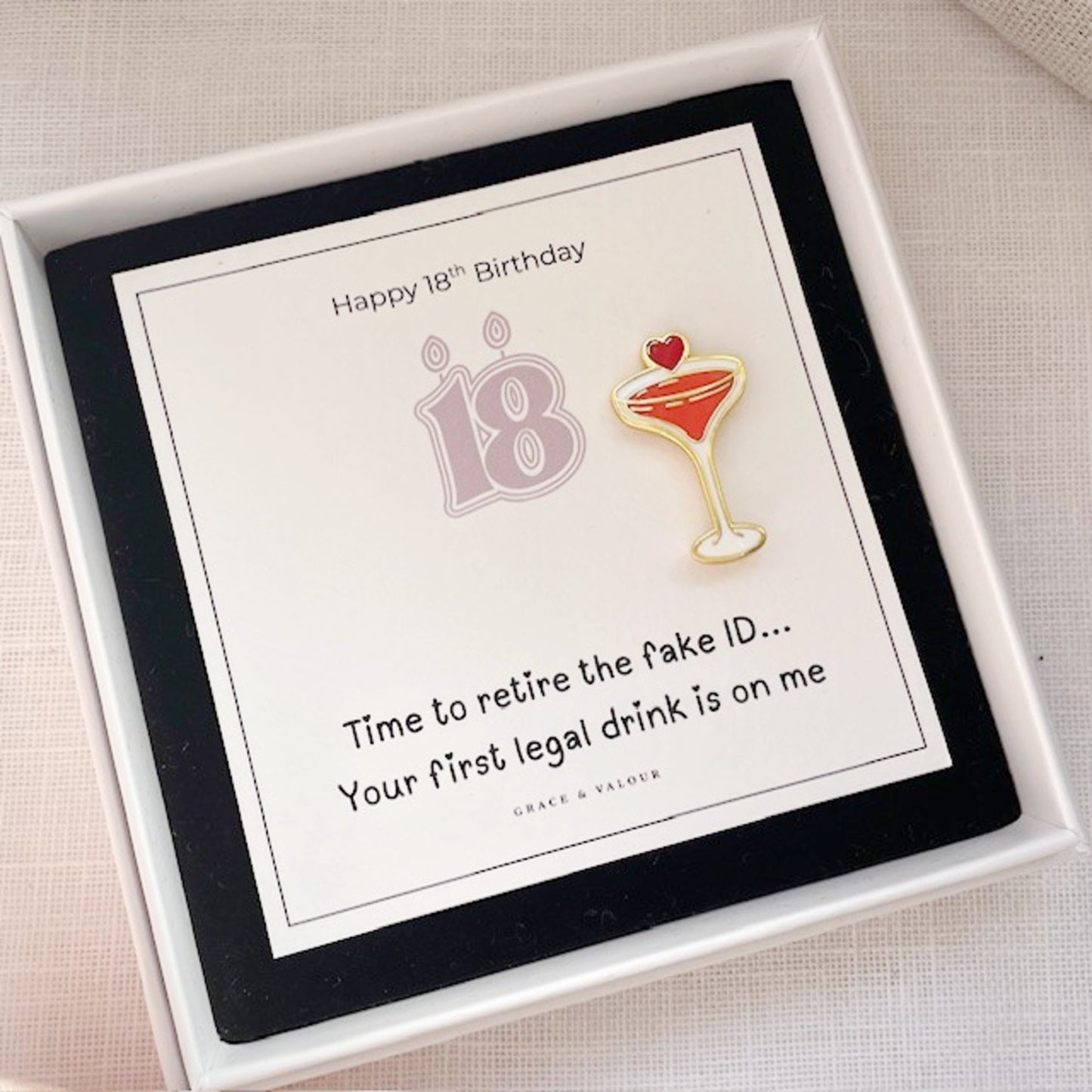 Funny 18th birthday keepsake gift in a box with a birthday card and message.