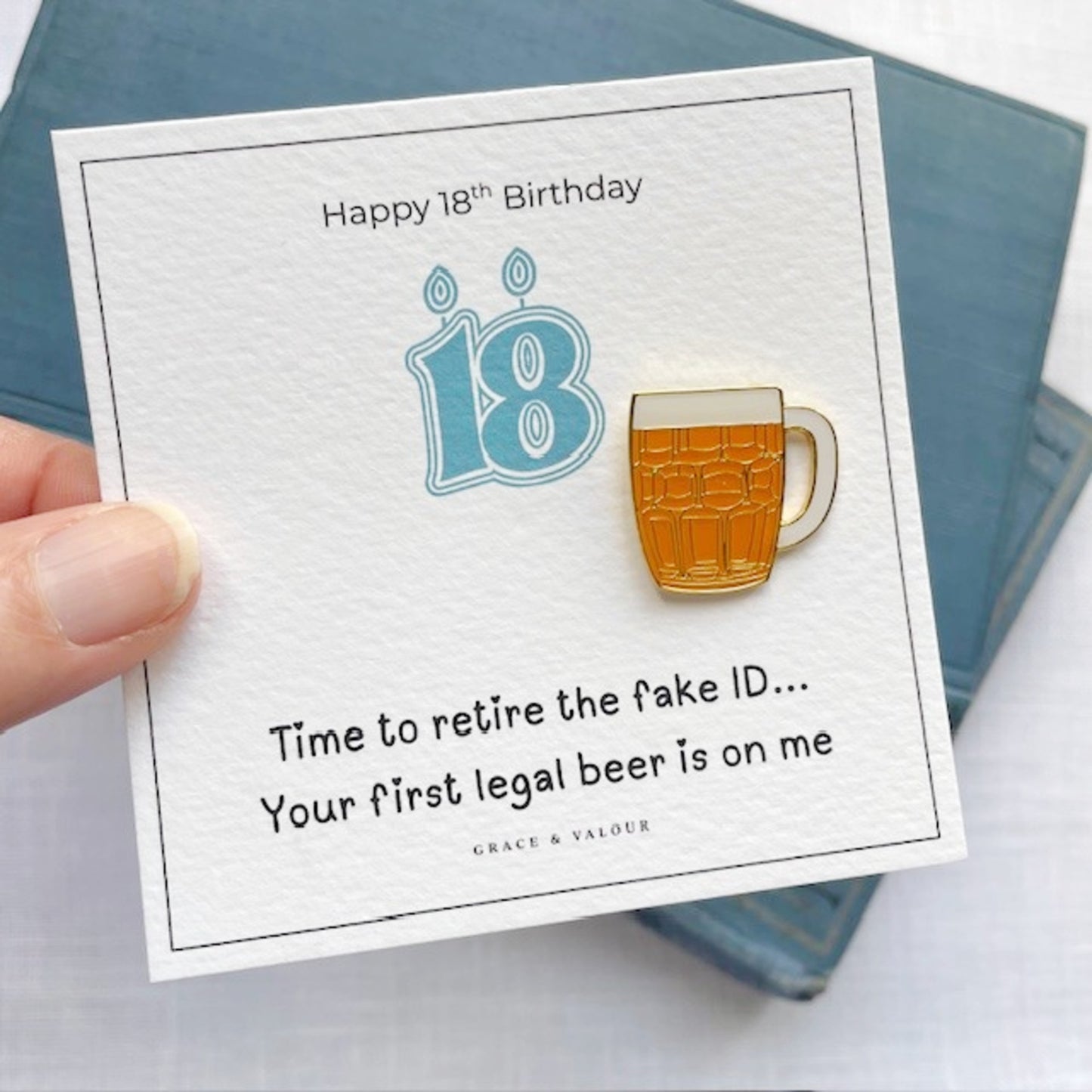 18th birthday card with a beer mug pin and humorous message.