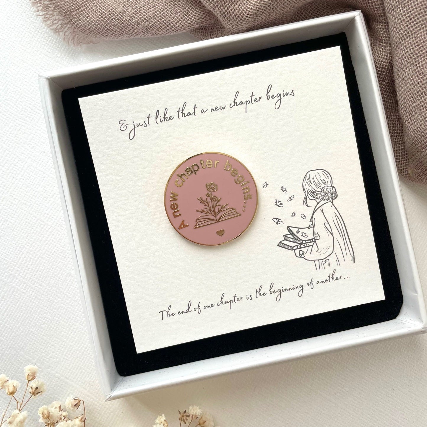 New chapter begins smoke rose and gold enamel lapel pin in my elegant white gift box.