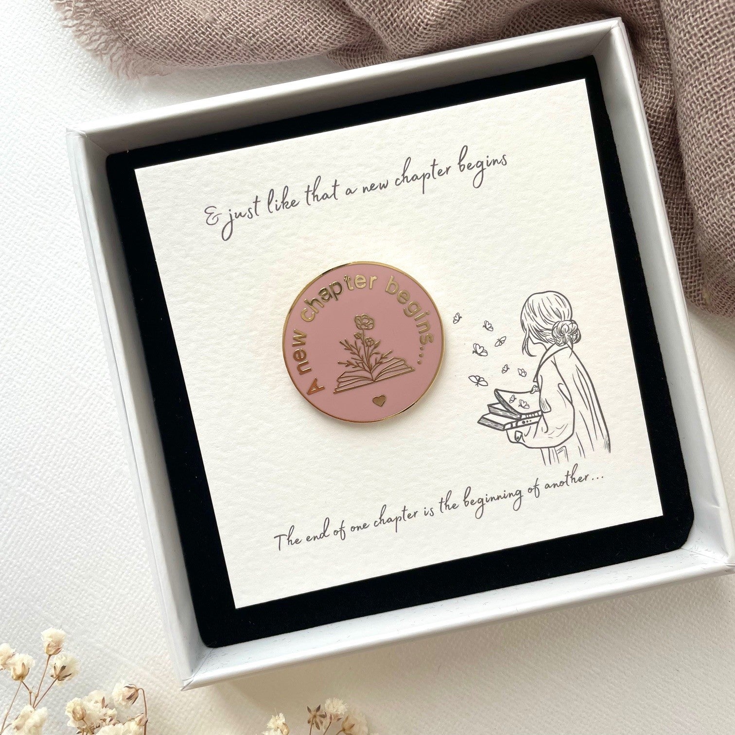 New chapter begins smoke rose and gold enamel lapel pin in my elegant white gift box.