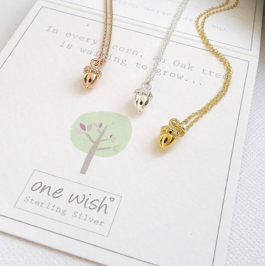 Acorn sterling silver necklace in gold silver or rose gold on bespoke gift card - In every acorn is a oak tree waiting to grow.  Inspiration gift, encouragement gift, gift for friend, bestie gift, nature lover gift, new beginnings gift