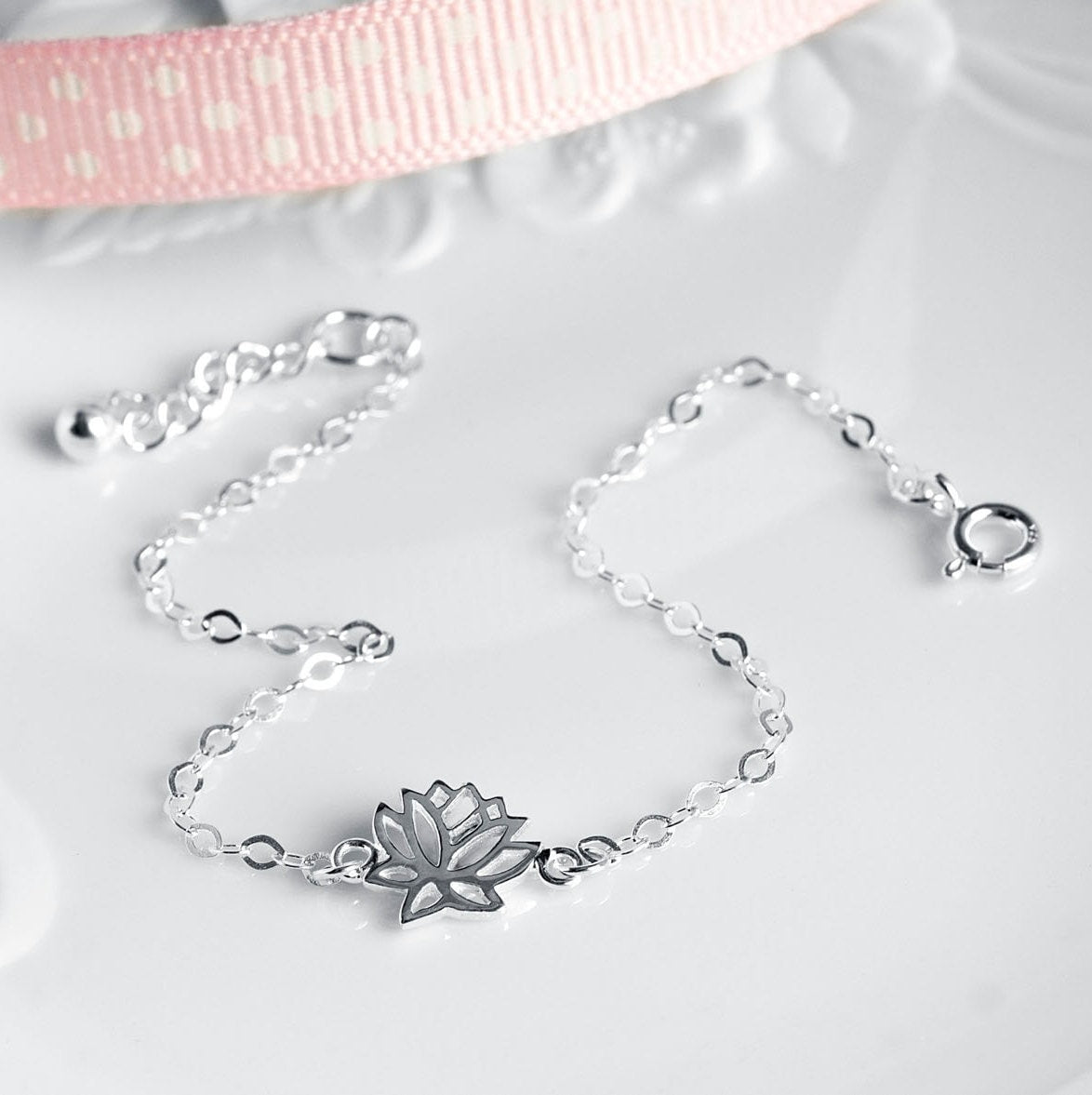 Dainty lotus flower bracelet made from sterling silver 925 on life is a journey bespoke gift card designed by Rachel - Grace and Valour