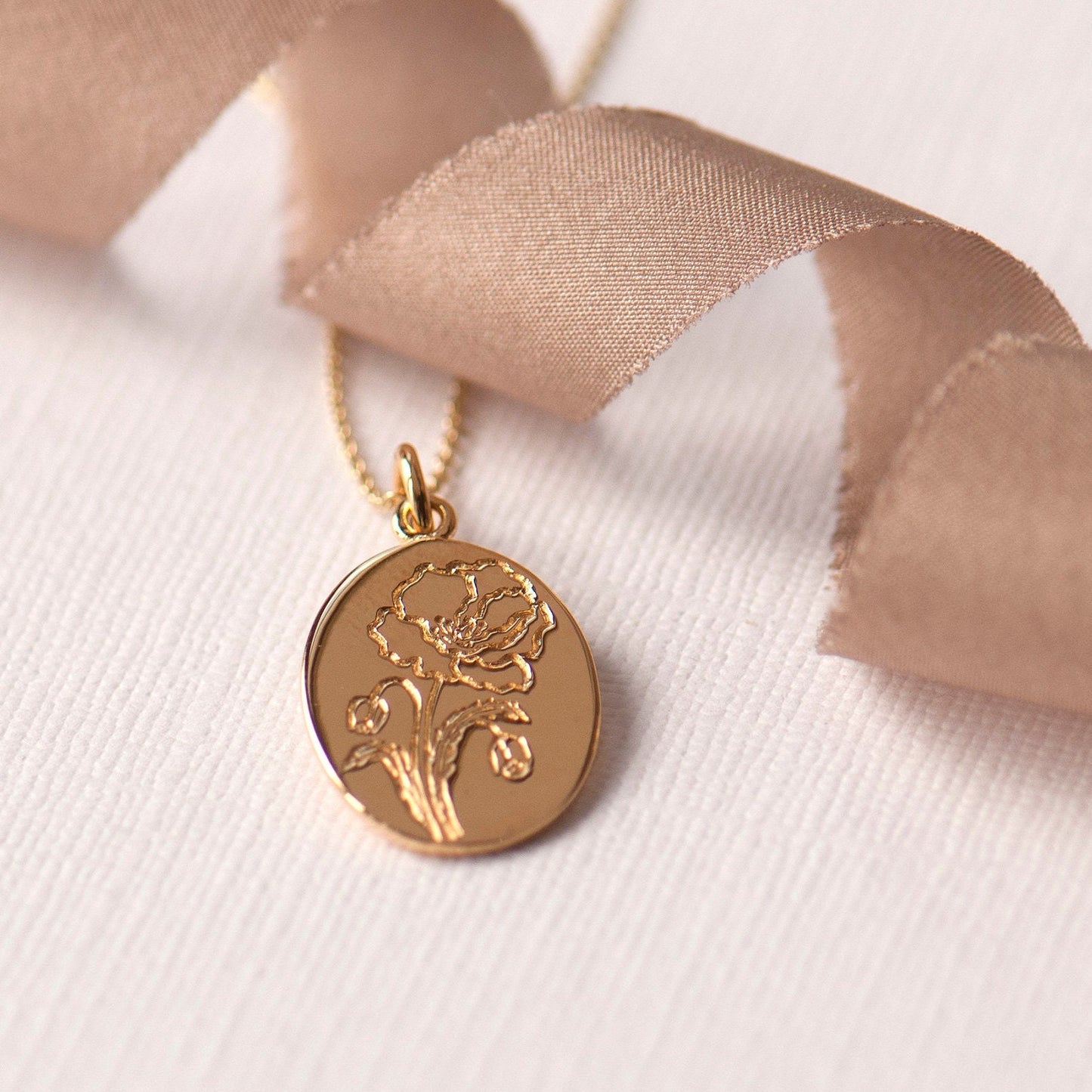 Personalised poppy necklace with engraved flower pendant