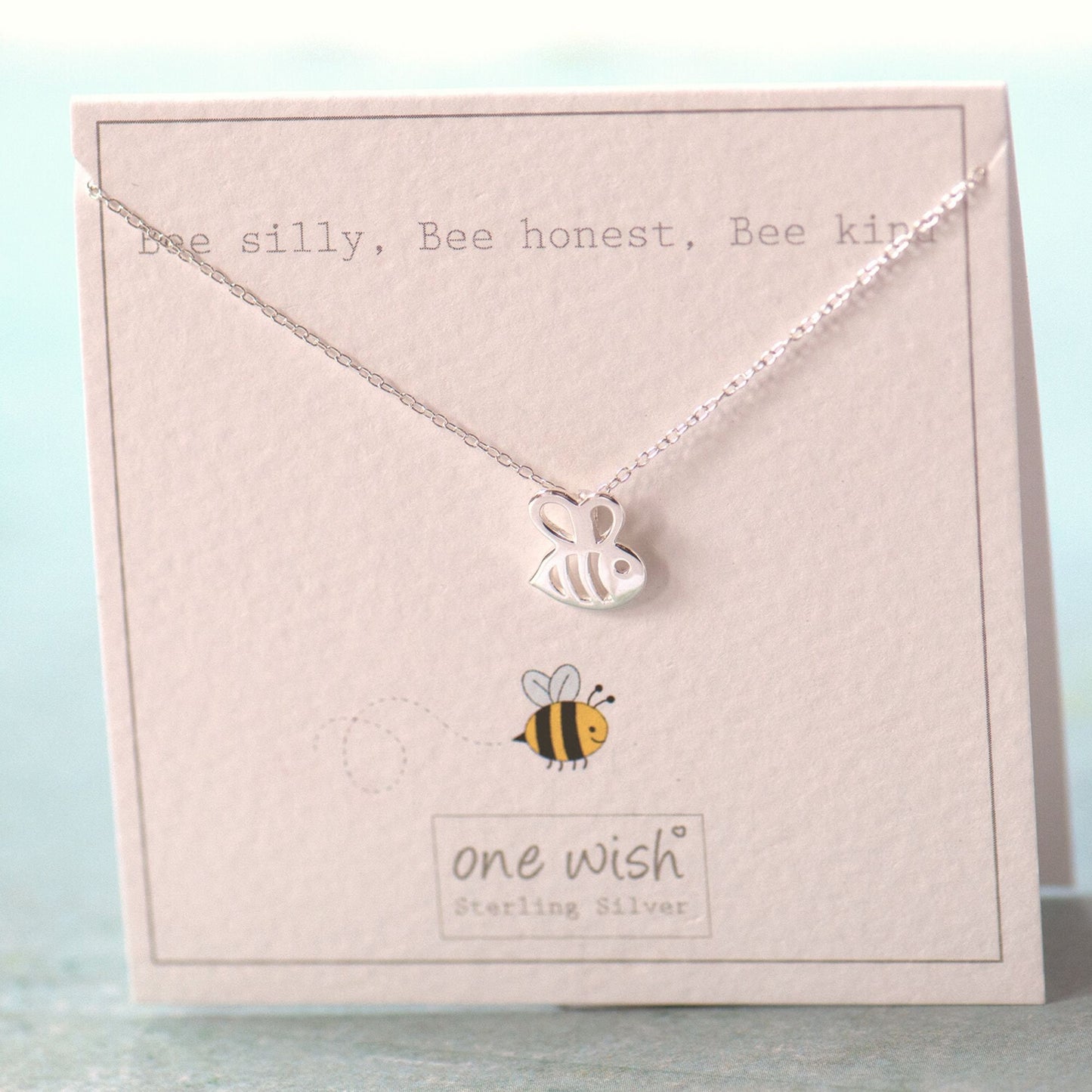 Bee silly, bee honest, bee kind sterling silver bee necklace on bespoke gift card